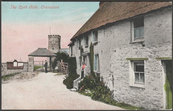 Printed colour postcard showing a view of the cottages, church and Lych Gate at Crantock, given as Cranstock, near Newquay in Cornwall.

Published by Ernest C. Argall, Truro, Argall's Series, not numbered, c.1905.

Postally unused.

Very good condition, with very slight corner bumps.