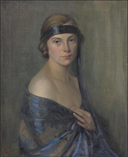 Colour photo of artwork: The blue ribbon. ca 1926. Oil half-portrait painting by Mrs Mary Tripe, Wellington, 1925–1929. Description: A young, short-haired woman wears a broad blue ribbon as a headband around her forehead, with the long ends of the ribbon falling from the left side of her head down to over her left hand. Her hand is holding in place a loose blue wrap around her upper body. The model for this painting was a woman called Claribel Williams. Williams worked for Mary Tripe for around 13 years, both as a model and an occasional maid. At the time this work was painted, Tripe had a studio at her house in Wellington’s Selwyn Terrace. She taught painting there, mostly to young women. Citation: Gift of the New Zealand Academy of Fine Arts, 1936. Museum of New Zealand Te Papa Tongarewa Registration No. 1936-0012-198. https://collections.tepapa.govt.nz/object/44480