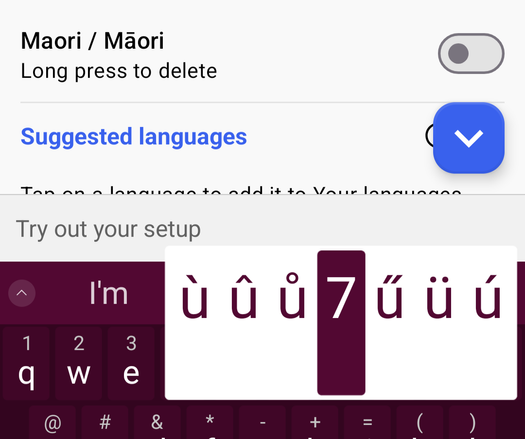 Screenshot showing Māori is disabled in swiftkey settings, and the long press menu on "u" offers ùûů7űüú but not ū