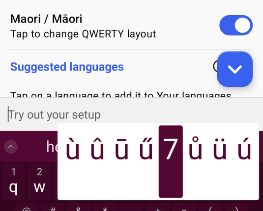 Screenshot showing Māori is enabled in swiftkey settings, and the long press menu on "u" now also includes ū