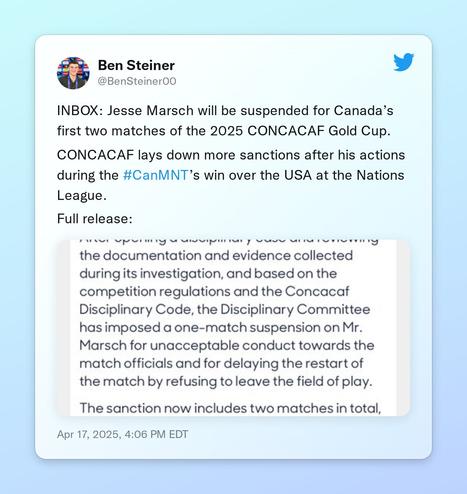 INBOX: Jesse Marsch will be suspended for Canada’s first two matches of the 2025 CONCACAF Gold Cup.

CONCACAF lays down more sanctions after his actions during the #CanMNT’s win over the USA at the Nations League.

Full release: https://t.co/Fi3QG7JUPv