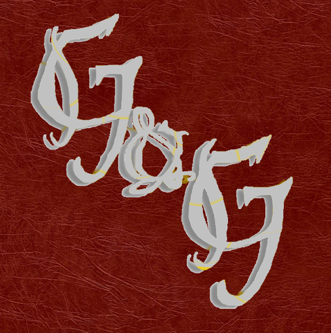 Stylized G&G logo in silver on red leather