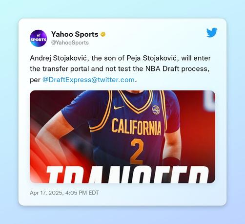 Andrej Stojaković, the son of Peja Stojaković, will enter the transfer portal and not test the NBA Draft process, per @DraftExpress. https://t.co/SNx2nVwXmi