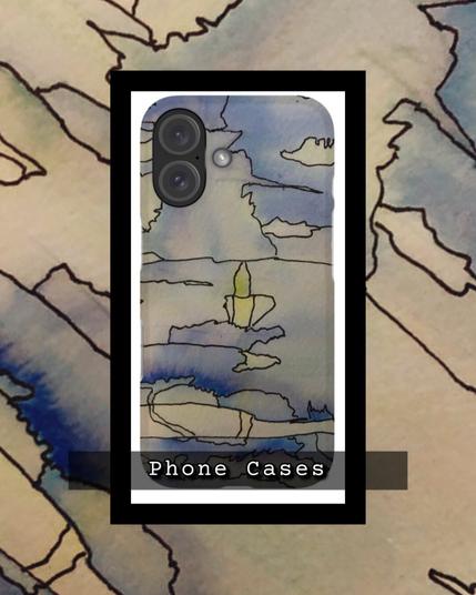 a watercolor and ink painting featuring a lone flame in the distance past blue waves outlined in ink. On a phone case.