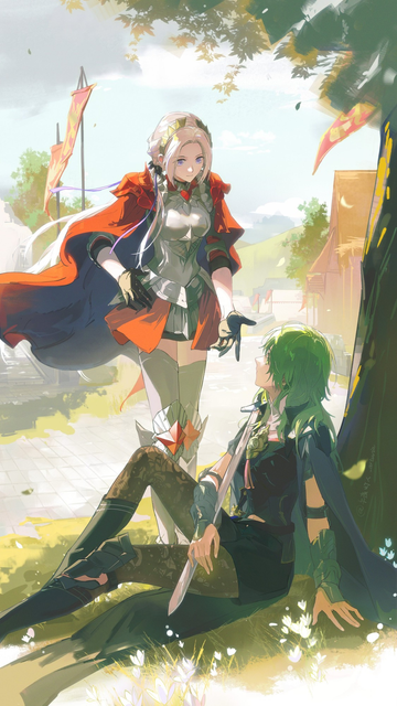 A painting by Artuvia showing FByleth sitting beneath a tree, and Edelgard standing next to her offering a hand.