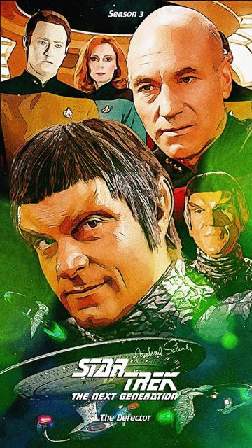 A poster for Star Trek The Next Generation episode, The Defector, featuring the faces of 2 shifty looking Romulans prominently, and Picard and the Entetprise-D bridge crew in the background.