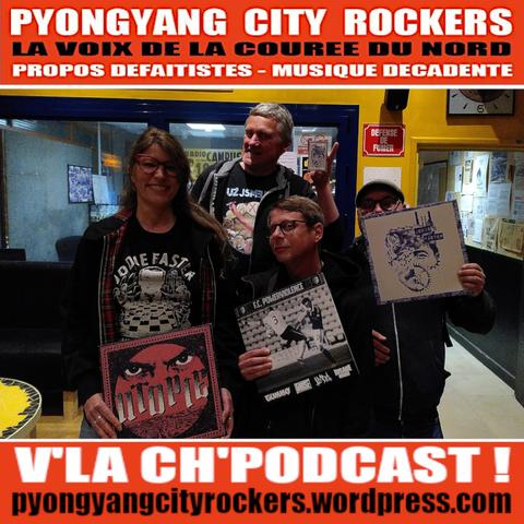 Flyer du podcast #384 de Pyongyang City Rockers. Photo de famille dans le hall de la radio, El Patron est au centre.