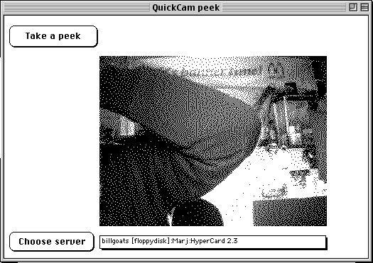 A HyperCard stack with a button called ‘Take a peek’, another called ‘Choose server’, a field with a computer’s path on the network, and a dithered photo of an elbow