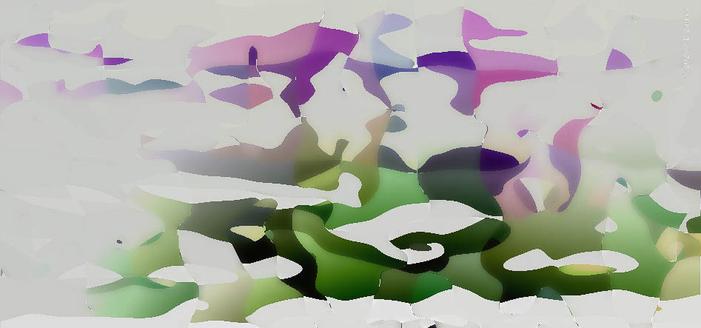 An original photograph of ripples and reflections that has been digitally adapted, abstracted, simplified, and had the underlying colours saturated. The result is a series of organic, somewhat liquid connected shapes in violets and greens.