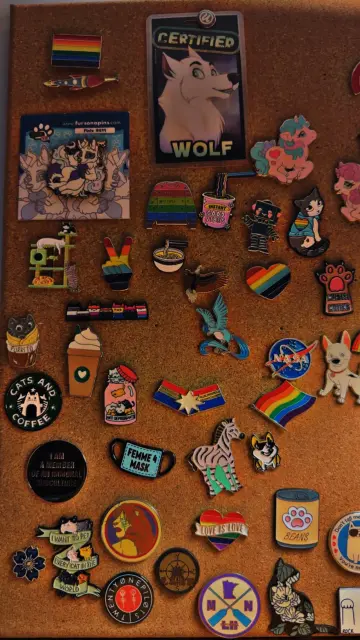 Multiple enamel pins on a board. Some are rainbow and are lgbtq pride themed. Some are My Little Pony pins. Several are cat related. One is the Captain Marvel logo. Two are of ramen noodles in a bowl and a cup.