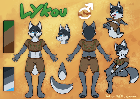 Reference sheet for Lykou the konuul. He is wearing his Spirit Chaser outfit in this one- a leather shirt and a matching pair of shorts.