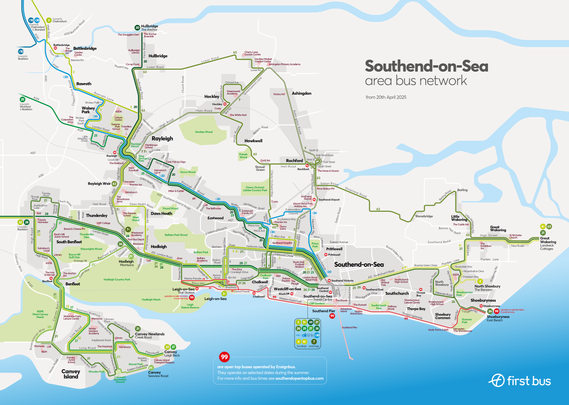 The image is a detailed map of the Southend-on-Sea area bus network, effective from 20 April 2025. It displays bus routes in various colours and numbers, each representing a specific route through local towns and landmarks. The map covers areas including Canvey Island, South Benfleet, Rayleigh, Rochford, and Great Wakering. Water is shown in light blue, with land in soft pastel shades. Key locations such as Leigh-on-Sea, Southend Airport, and Southend Pier are clearly marked. Symbols indicate bus stops and major transit points. A legend in the bottom right explains that open-top buses are operated by Ensignbus during the summer, with more information available on a dedicated website.