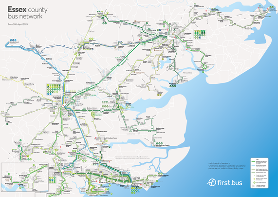 The image is a detailed map illustrating the bus network of Essex, effective from 20 April 2025. It shows a network of bus routes across the county, highlighting major towns and cities such as Chelmsford, Colchester, Basildon, and Southend. Each route is colour-coded to distinguish between different types of services: frequent long-distance services, standard services, infrequent services, and express services. The map also includes various symbols indicating bus stations, stops, and park and ride sites. Bodies of water, such as rivers and the coastline, are marked in blue. The background is mainly white, with a subtle geographic layout of roads and terrain. A key explaining the symbols and colours used is located in the bottom right corner next to the First Bus logo.