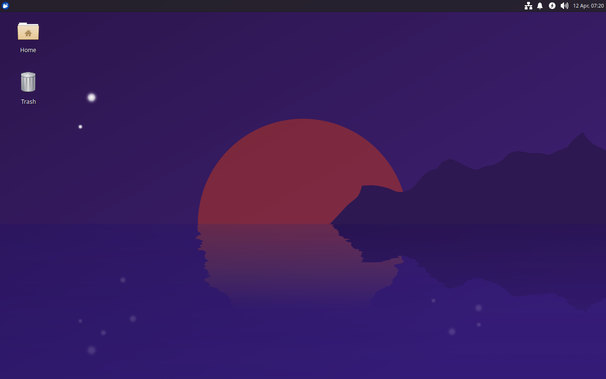 A screenshot of Xubuntu 25.04, an Ubuntu flavor featuring the Xfce desktop environment. The desktop features a deep purple skyline set against a blue body of water. The sun is setting on the horizon, and a land mass appears on the right edge of the image.
