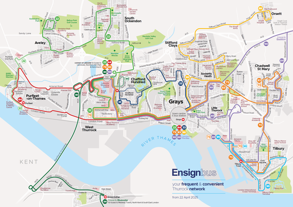 The image is a detailed map showing bus routes in the Thurrock area. It features several coloured lines representing different bus routes passing through towns such as Purfleet-on-Thames, West Thurrock, Grays, and Tilbury. The River Thames runs across the lower part of the map. Green spaces and residential areas are marked in shades of green and grey. Various streets and landmarks are labelled, with bus stops highlighted using coloured symbols. Key locations include Purfleet, Grays town centre, and the bus station, as well as hubs connecting routes to other areas.