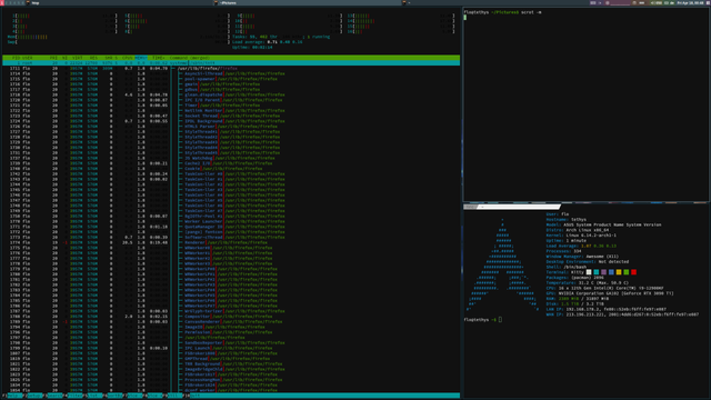 Screenshot of a tiling window manager, showing a rainbow colored tray icon bar on the top right on a mostly teal colored taskbar.

Some terminal emulators are running to show the window theme with a somewhat wide border and a tiny bit of space between the windows.