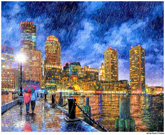 Digital art depicting a rainy evening view of the Boston skyline from Fan Pier, with a couple walking along the waterfront under an umbrella.