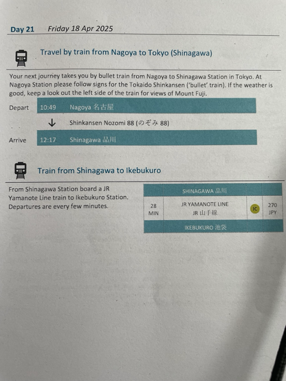 Page from Inside Japan trip guide describing how to get to Ikebukuro from Nagoya, including both Shinkansen and local trains