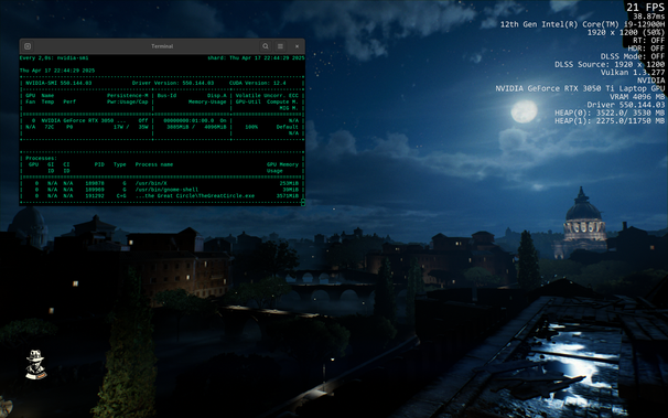 In game screenshot of view from top of Castel Sant'Angelo looking at the Vatican. Some GFX stats with 4GB VRAM.