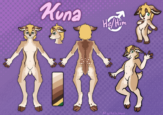 Reference sheet for Kuna the sereva. This is a variant of the SFW nude version, where he looks more scruffy and  fatigued, like he was in the start of the story.