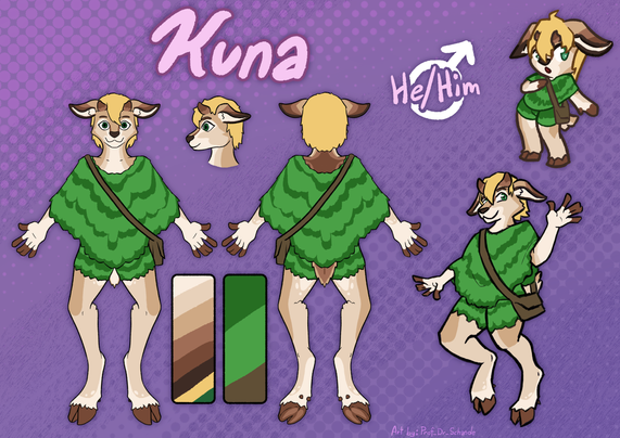 Reference sheet for Kuna the sereva. he is wearing his handmade poncho and shorts.