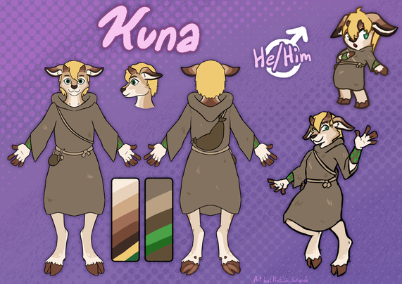 Reference sheet for Kuna the sereva. He is wearing the warm robe he acquired in Clovaria.