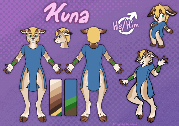 Reference sheet for Kuna the sereva. He is wearing the sareo he got in the Crimson isles.