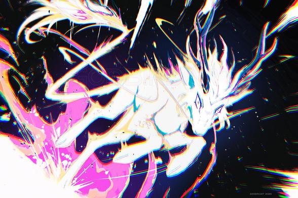image is a digital illustration of a kirin-like creature racing towards the viewer's right at an angle, an intense glare burning in its eyes. a chromatic explosion radiates off the creature's form and where its hooves connect with the illuminated ground, kicking up debris from the titanic force of the impact.