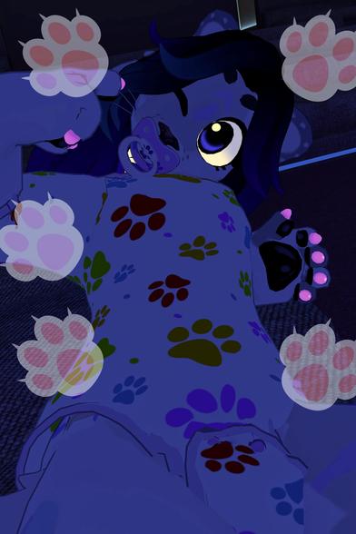 The photo shows a cartoon-like rendering of a furry creature, possibly a feline or canine hybrid, lying down. It's wearing pajamas with paw print designs. The overall style is whimsical and cute. The image has a dark, slightly muted color palette.