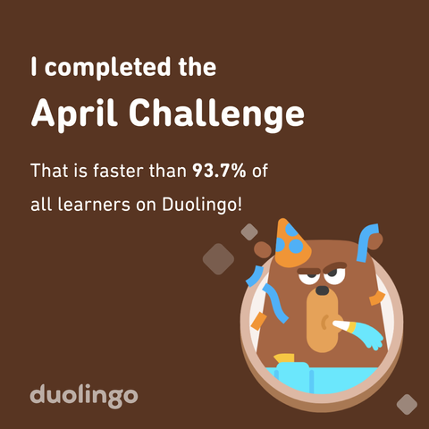 I completed the April Challenge!  That is faster than 93.7% of all learners on Duolingo!