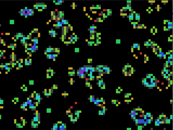 a Conway's game of life simulation with cells colored by number of neighbours