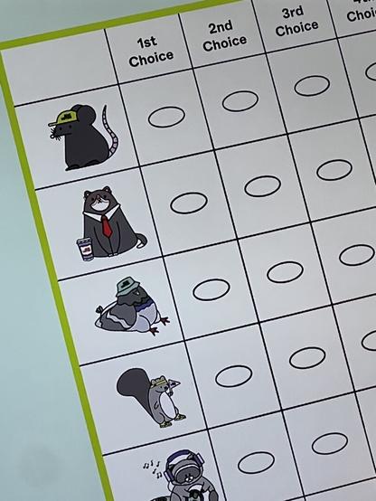 A photo of a commercial for NYC’s ranked choice voting. On the fake ballot are cartoons of “candidates” including a rat, a cat, a pigeon, and more that are not displayed.