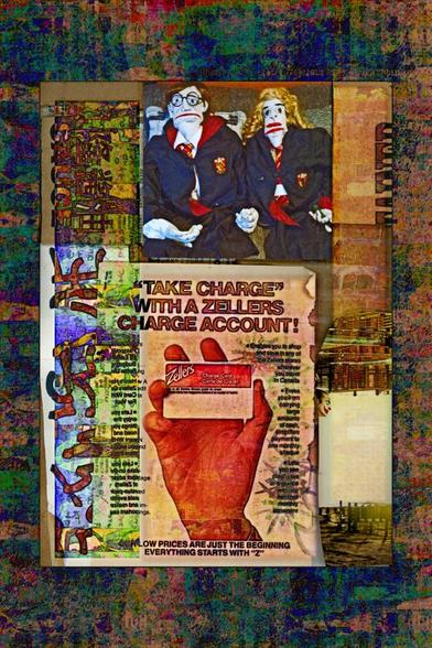 This digitally modified scanned collage features a picture of two large puppets that represent Harry Potter and Hermione Granger in the top half. A magazine advertisement for Zellers Canada is in the bottom half features a hand displaying the Zellers Credit Card - "Take Charge" with a Zellers Charge Account!  Our prices are just the beginning _ Everything starts with "Z"
Most of the rest of the text is deconstructed/asemic. On the left is a mixture of asemic glyphs and distorted Chinese characters.