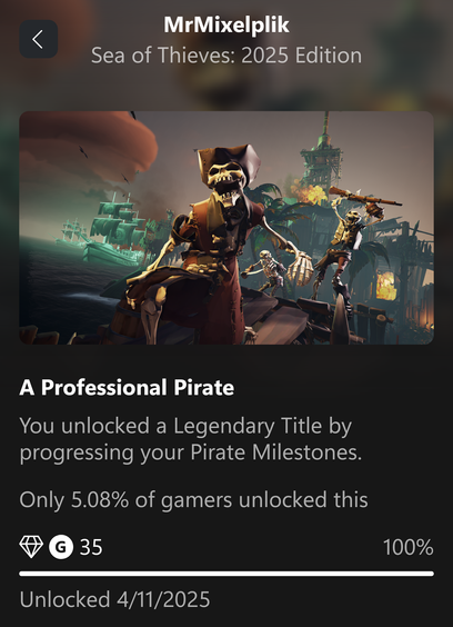 An unlock notification for the "A Professional Pirate" achievement for "Sea of Thieves" on Xbox