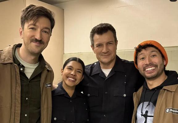 Ryan & Shane from Watcher guest star in an upcoming episode of The Rookie. Pictured with what’s his name & her too from the show.
