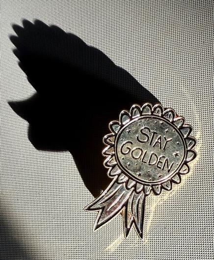 Stay Golden pin in sunlight with dramatic shadow