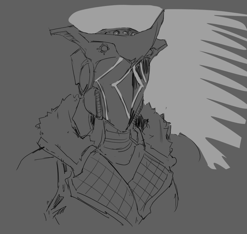 a loose bust sketch of a human-shaped masked figure. the mask is obviously robotic or cybernetic in some way and has glowing lines that make diamonds when viewed from the front. they're also wearing some sort of cool looking jacket.