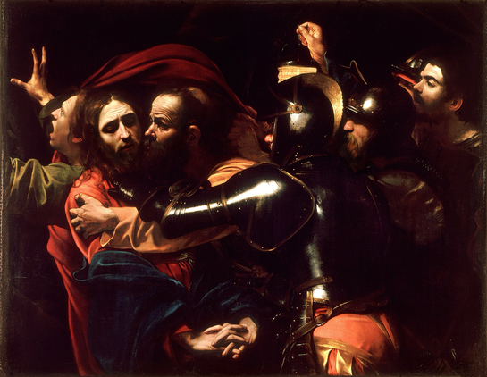Judas kysser Jesus på kinnet og romarane griper han.