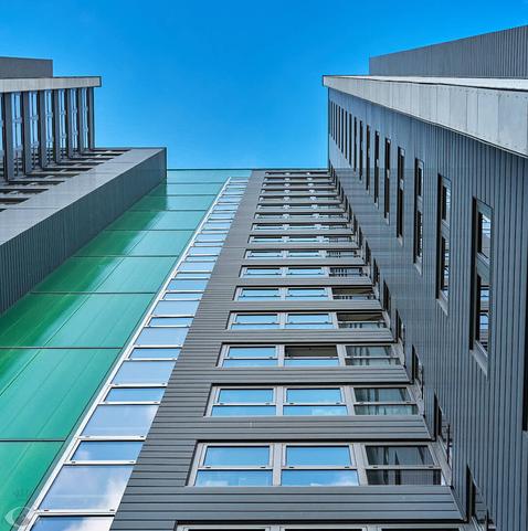 Forg perspective from a (high appartment block. Lots of green and blue hues that’s been mimicked by the (almost) cloudless blue sky.
