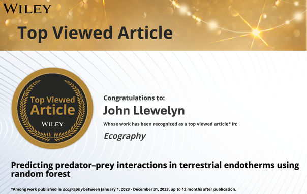Top viewed article certificate from Wiley for Dr John Llewelyn's article in Ecography