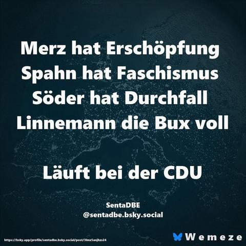 Smaragdgrüner Hintergrund mit Text:"Merz hat Erschöpfung Spahn hat Faschismus Söder hat Durchfall
Linnemann die Bux voll
Läuft bei der CDU."
Von
SentaDBE auf Bsky

Ein Bild der Seite Wemeze