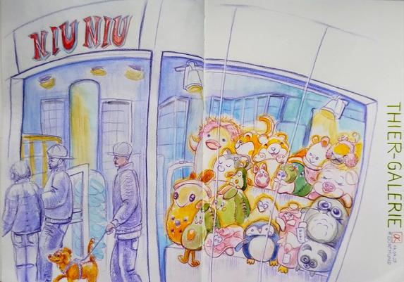 A double-page sketchbook with a watercolor sketch of a shop window in a shopping mall. Numerous stuffed animals look out the window at passersby. One person is leading a plush dog on a leash.