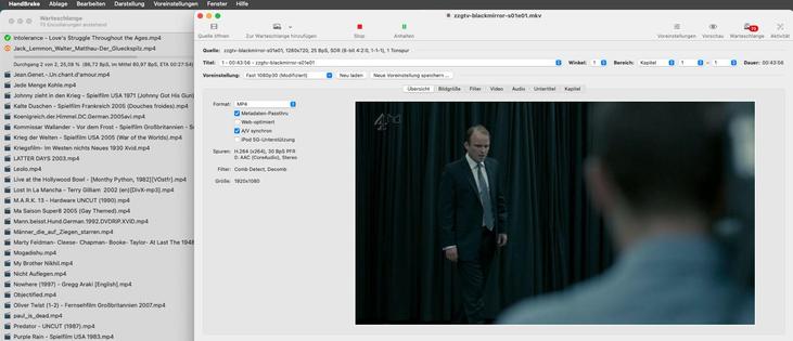 Screenshot of two overlaid programme windows of 'Handbrake'. The programme window shows a still image of a video with editing options for the conversion. Behind it, shifted to the left, is a second programme window with a list of the films to be converted