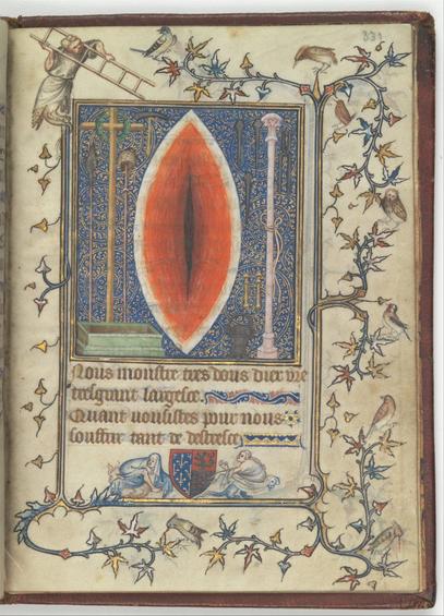 'Sacred' wound shaped like a bleeding cunt

Jean le Noir, Bourgot (?), and workshop, Miniature of Christ’s Side Wound and Instruments of the Passion, folio 331r, in the Prayer Book of Bonne of Luxembourg, before 1349
