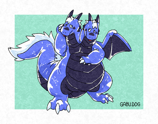 Art of Gabu transformed into a blue, two-headed dragon (hydra?) with a dark blue belly and white furry hair and mane. It has a big pear shaped body with a round belly.

Both heads are looking shyly at eachother, clearly thinking the exact same thing, while one head is touching its face with a paw while the other head is squishing their belly.