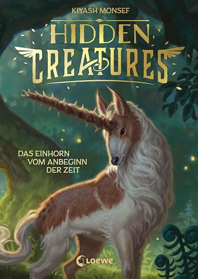 Das Cover des Fantasy-Jugendbuchs Das Einhorn vom Anbeginn der Zeit von Kiyash Monsef ist gezeichnet.

Es zeigt ein Einhorn, das den Kopf dreht. Sein Fell ist lang und struppig, das Horn gedreht mit vielen kleinen Dornen.
Das Tier steht vor einem geschwungenem, dicken Baumstamm. Rauten-förmige Funken glitzern umher.