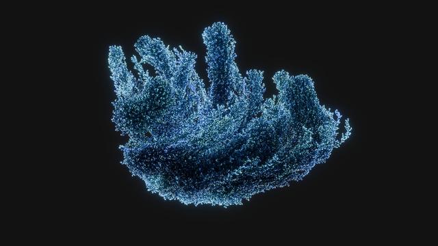 A diffusely lit complex organic structure, made from countless tiny simulated points, roughly resembling a coral plant, colored in eerily glowing blue hues, with thick strands revolving around themselves and growing upwards.