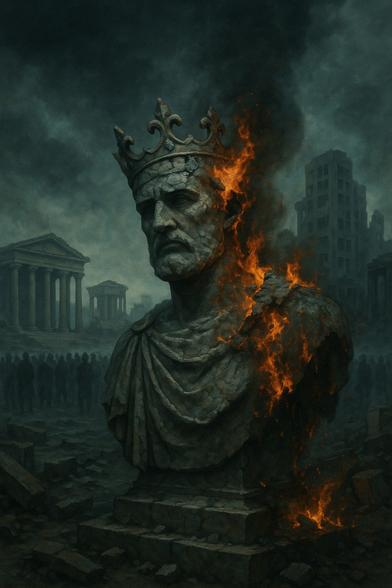 Das Bild zeigt eine eindrucksvolle, fotorealistische Szene mit apokalyptischer Anmutung:

Im Vordergrund steht eine gewaltige, antik anmutende Büste eines gekrönten Herrschers aus Stein. Die Statue ist rissig und verwittert – Sinnbild für den Zerfall von Macht. Die rechte Seite des Herrscherkopfes und der Schulterpartie wird von lodernden, orangefarbenen Flammen verzehrt. Die Glut frisst sich langsam durch den Stein, als ob der Wahnsinn der Macht sich selbst verzehrt.

Im Hintergrund erkennt man die Ruinen einer untergehenden Welt: klassisch-antike Tempelbauten und moderne, zerstörte Hochhäuser verschwimmen ineinander – Symbol einer zyklischen Zivilisationsdämmerung. Am Horizont ziehen schwere Rauchwolken über den Himmel, durchzogen von bedrohlich-dramatischen Lichtspielen zwischen Aschegrau und Dämmerblau.

Am Rande stehen dunkle Silhouetten von Menschen – passiv, regungslos, als stumme Zeugen des Untergangs. Sie blicken auf das brennende Sinnbild ihrer eigenen Geschichte.

Symbolik:
Das Bild visualisiert die Torheit der Herrschenden („reges delirant“) und die daraus resultierende kollektive Strafe („plectuntur Achaei“). Es vereint klassische Zeitlosigkeit mit moderner Gesellschaftskritik – eingebettet in eine düstere, fast mythologische Atmosphäre.🖖