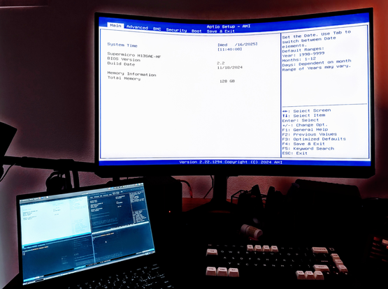monitor connected to desktop, with separate laptop connected to desktop via COM1 and COM2 serial links, as described in the post. color and contrast boosted for low light readability.