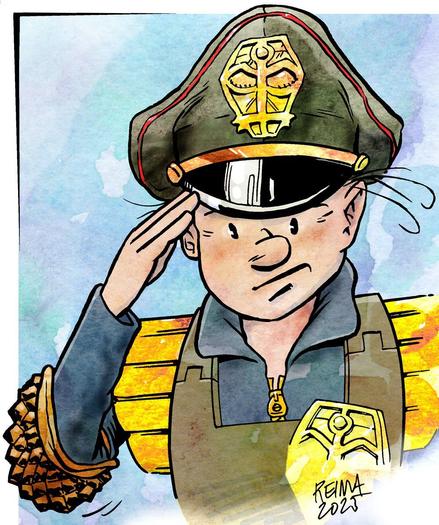 Comical B.D. style, semi-close-up drawing, of character saluting by rising his hand to the cap visor.